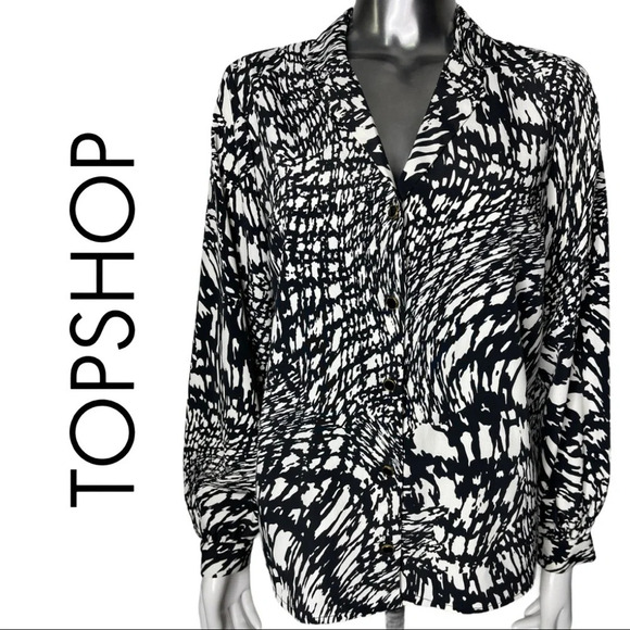 Topshop Blouse Long Sleeve Black White  Button Down Size 4 - Picture 1 of 6